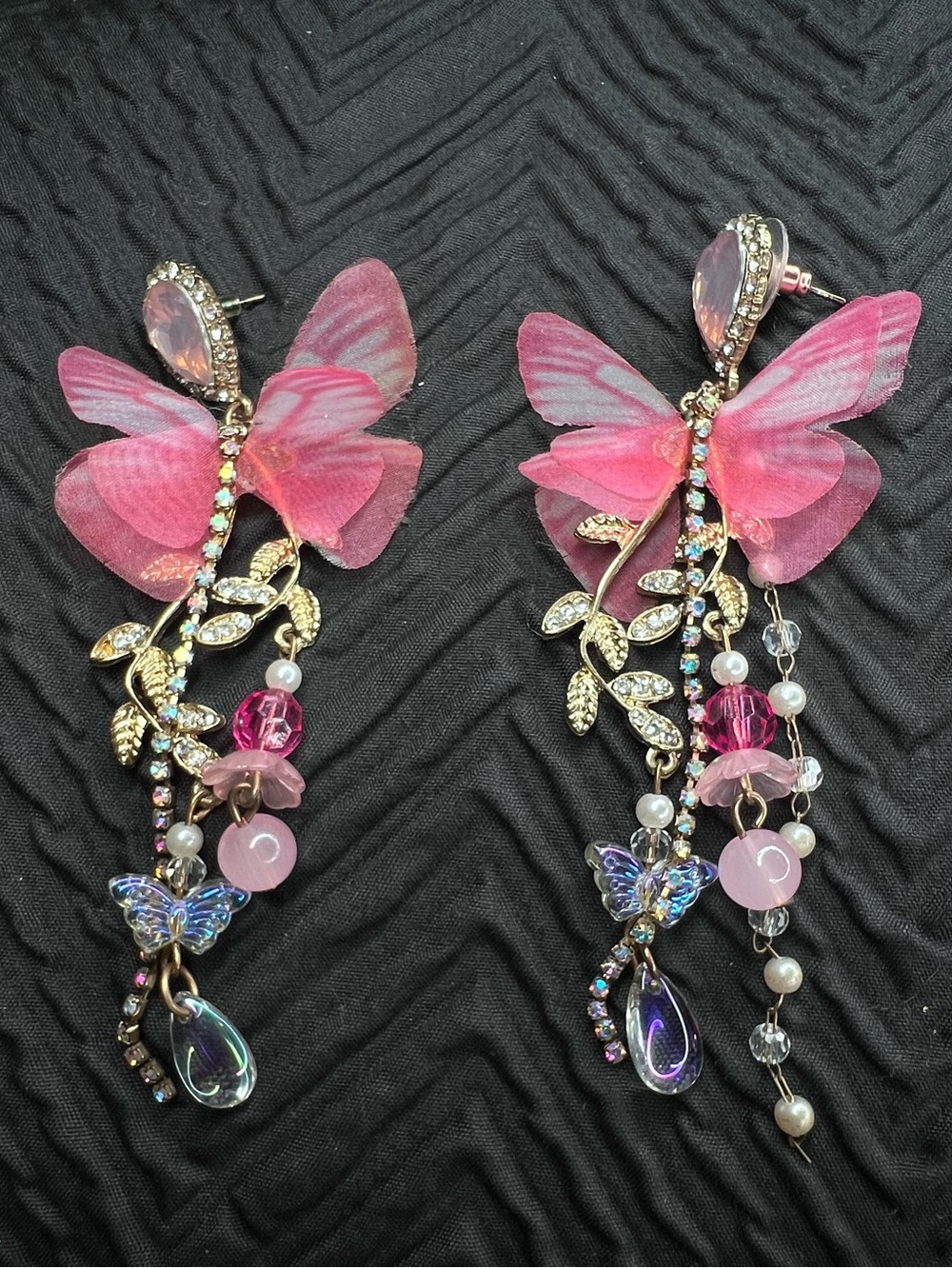 Delicate Pink Butterfly Drop Earrings - Gold Tone